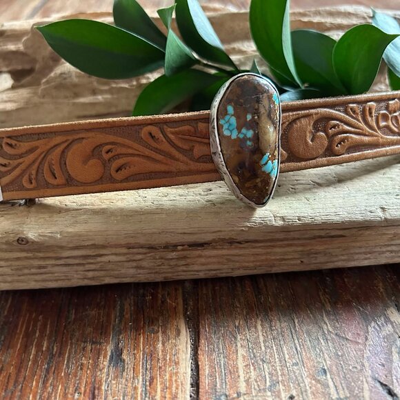 Sterling Silver and Turquoise Leather Cuff Bracelet - Picture 1 of 6